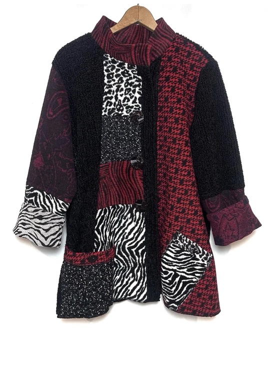 Ali Miles Jackets & Blazers - Ali Miles Patchwork Jacket Red Black Mixed Media Artsy Wool Blend